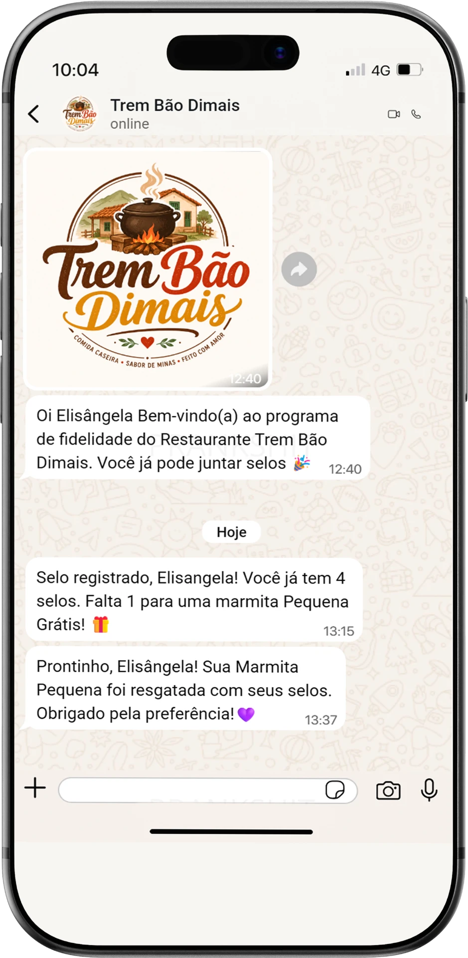 Conversa de WhatsApp mostrando selos e resgate de brinde na carteirinha Fidellizza